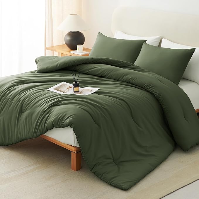 CozyLux Super King Plus Comforter Set Olive Green, 3 Pieces 128x120 Solid by CozyLux