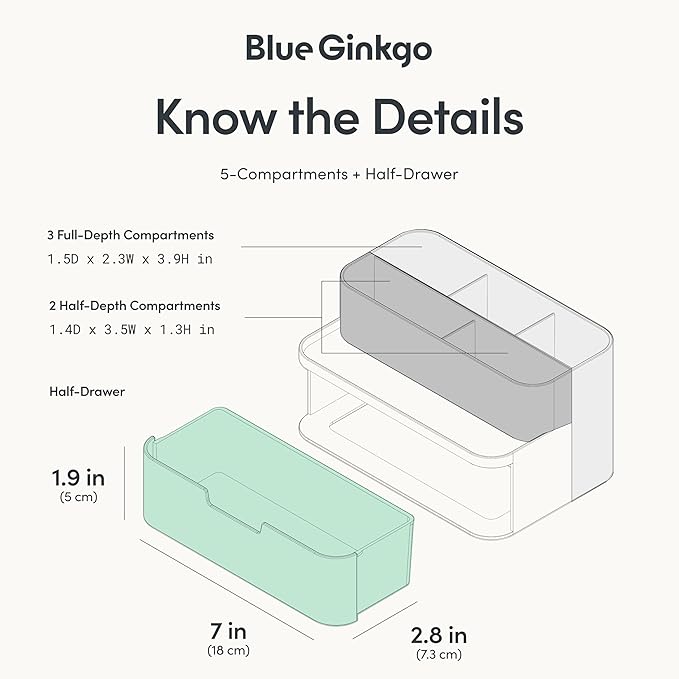 BLUE GINKGO Compact Desk Organizer – Small 5-Compartment, Half Drawer Storage – - Image 4