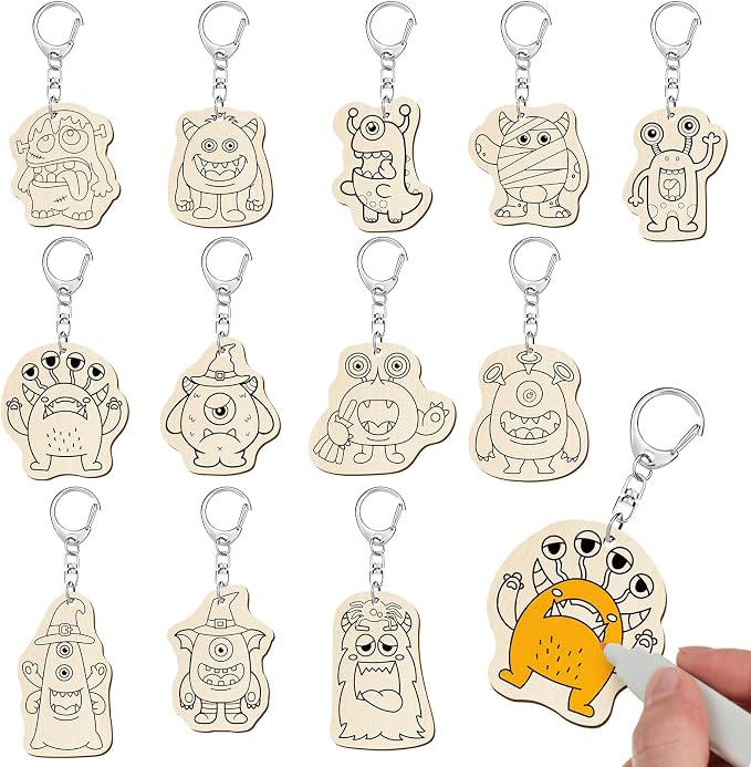 RattanView 24 Pcs Monster Craft Color Your Own Keychains Diy Craft Wooden Blank by RattanView
