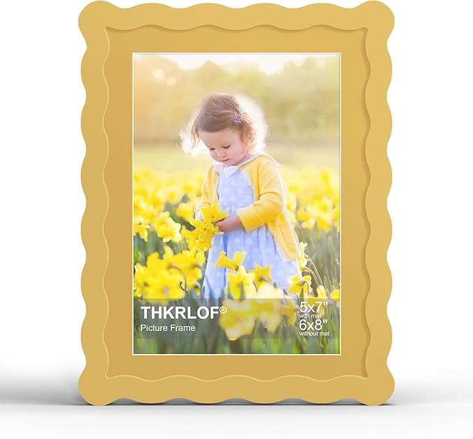 6x8 Picture Frame with Mat for 5x7, Wavy Edge Wooden Real Glass Photo Frame for by THKRLOF