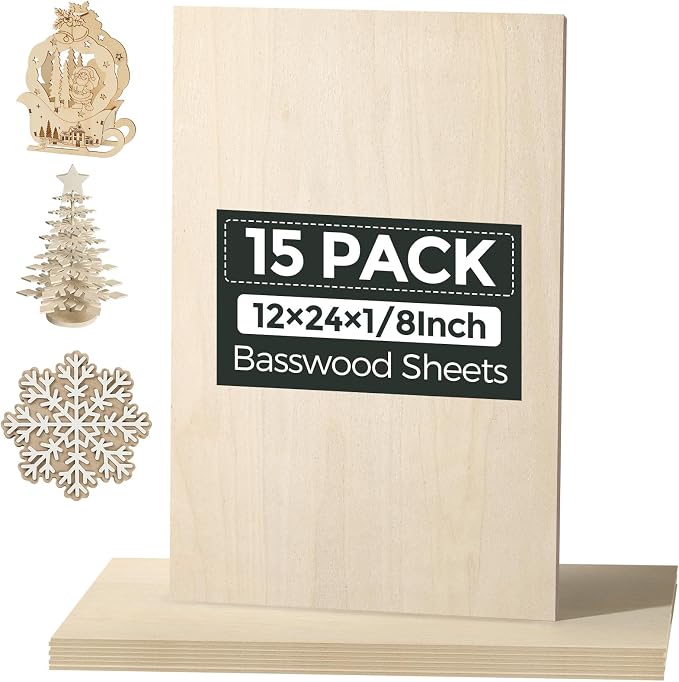 15 Pack Basswood Sheets, Smooth Surface, Uniform Thickness, No Burrs, No Warping by 3MMBasswoodForLaserCutting