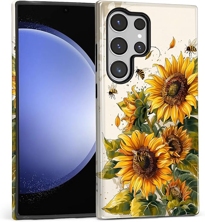 for Samsung Galaxy S24 Ultra Case, Sunflowers Bees Pattern Glossy 2 in 1 by Teonvpu