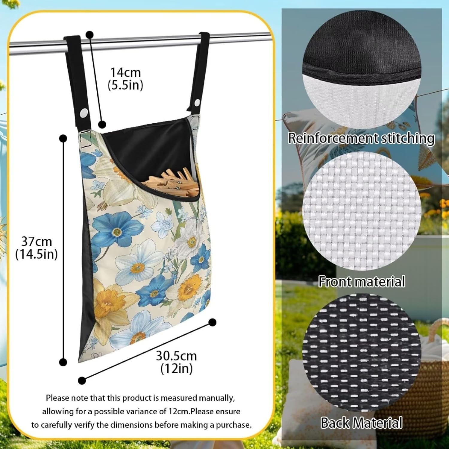 Floral Clothespin Bag with Hanging Rope Daffodil 14.5 x 12 Inch Summer Waterproof Laundry Clothes Pin Holder Clothespin Storage Organizer with Large Opening