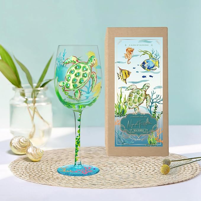 NymphFable 100% Hand-Painted Wine Glass Ocean Turtles Seagrasses Glass Artisan - Image 6