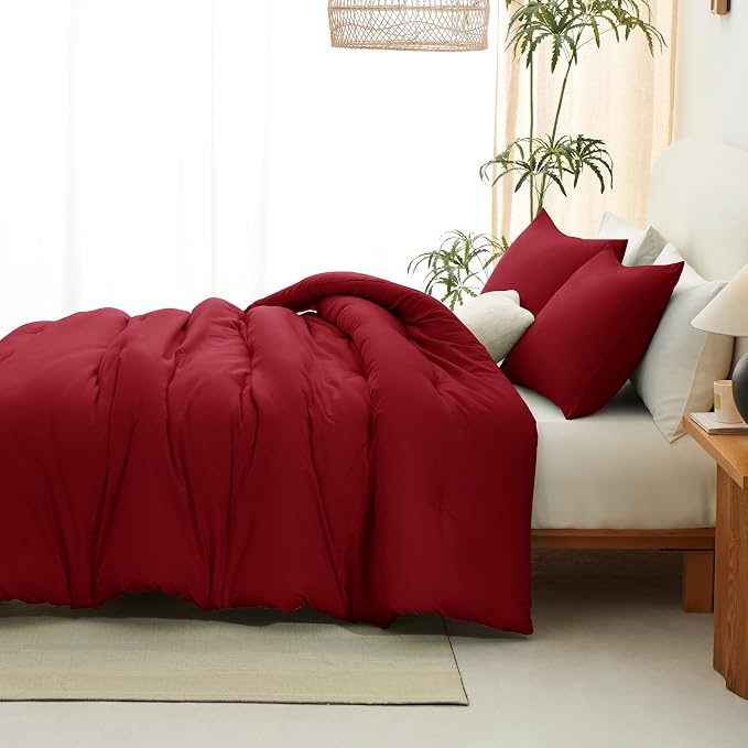 CozyLux Full Size Comforter Set Dark Red, 3 Pieces Solid Breathable Quilted - Image 9