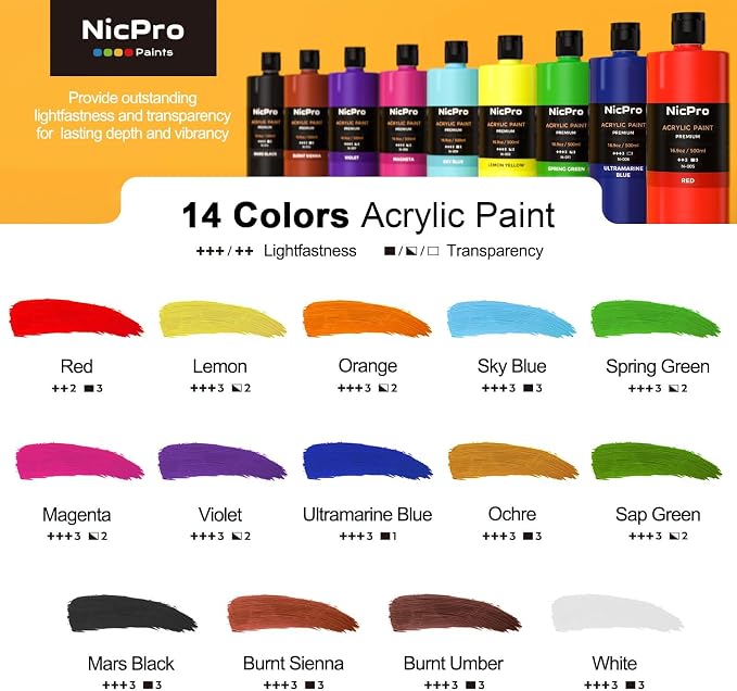 Nicpro 14 Colors Large Bulk Acrylic Paint Set Rich Art Painting Supplies - Image 3