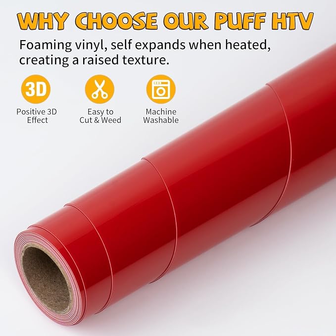 VinylRus Puff Heat Transfer Vinyl-12” x 5ft Red Heavy Duty Puff Iron on Vinyl - Image 4