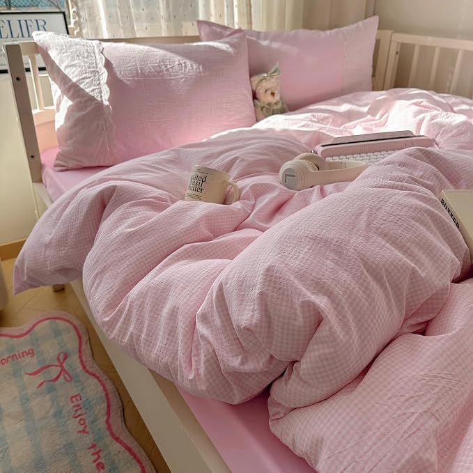 mixinni Pink Gingham Duvet Cover Queen Size - Image 8