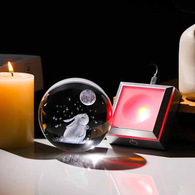3.15in. Crystal Ball Engraved 3D Rabbit and Moon Stars Figurine Paperweght - Image 4
