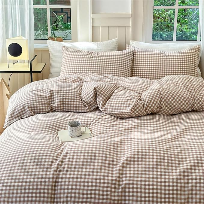 Nayoroom Brown Gingham Duvet Cover Full Size Tan White Plaid Checkered Duvet - Image 3
