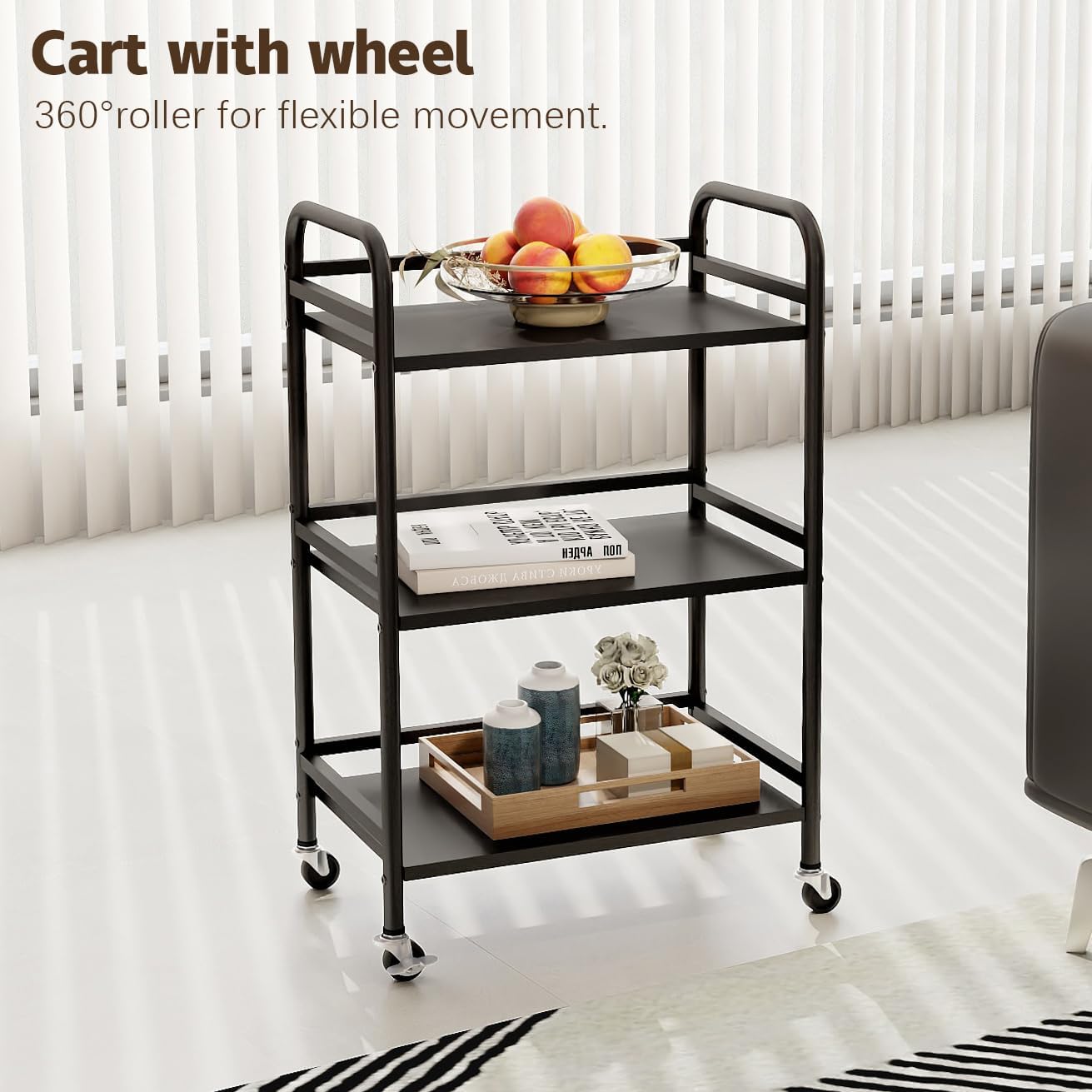 HDANI 3 Tier Rolling Cart Shelves,Heavy Duty Multifunctional Metal Frame-Supports 22 Lbs Per Tier,Rolling Cart with 2 Lockable Wheels for Home,Office,Kitchen,Bathroom,Bedroom (Black)…