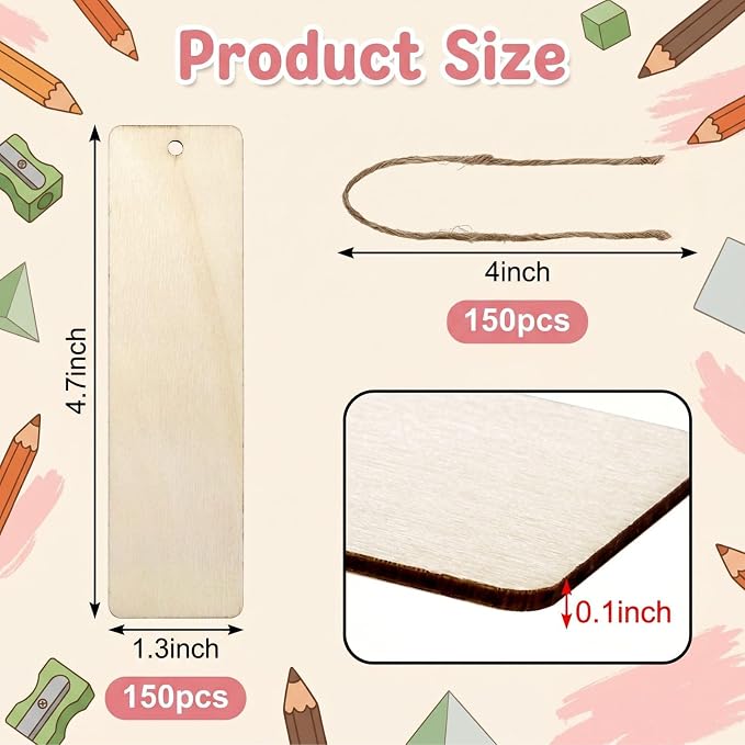 Cididu 150 Pieces Wood Blank Bookmark, DIY Wooden Craft Bookmark - Image 2