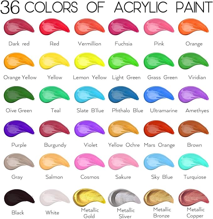 55PCS Acrylic Paint Set of 36 Colors 2fl oz 60ml Bottles 12 Brushes, Non Toxic - Image 2