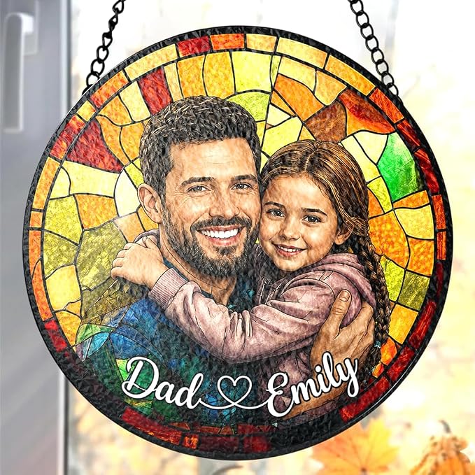 Personalized Dad Stained Glass Sun Catcher, Custom Photo Family Portrait Window by FamiTrendz