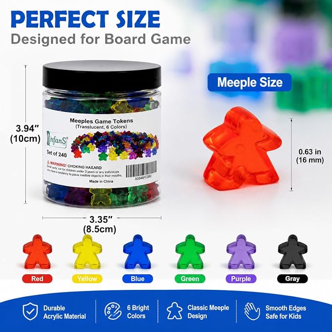 Meeples Game Tokens, 144 Pieces, 6 Colors, Translucent Game Pieces | Board Game - Image 3