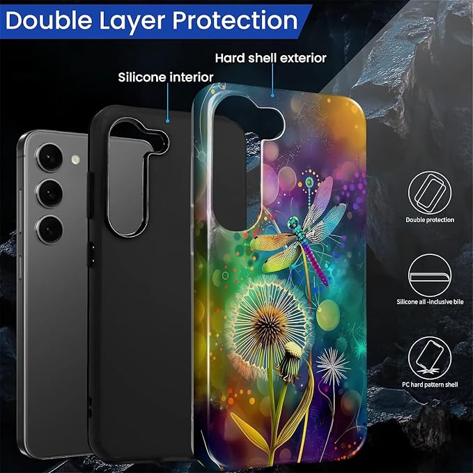 for Samsung Galaxy S23 Case, Dragonfly Dandelion Colorful Pattern Glossy 2 in 1 - Image 3