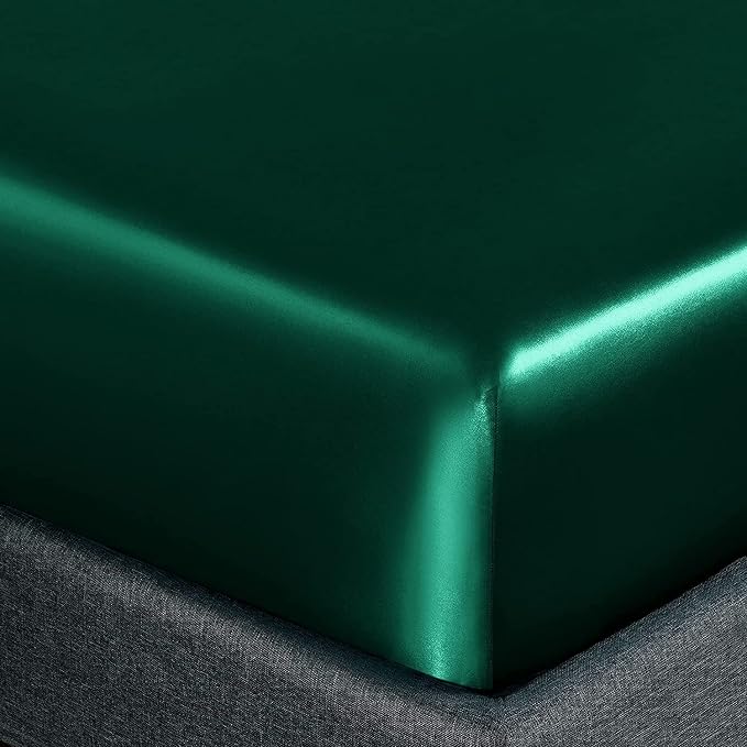 Homiest Blackish Green Satin Fitted Twin Size Bed Sheet, Deep Pocket, Luxury & - Image 3