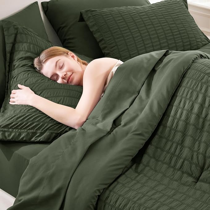 CozyLux Queen Comforter Set Dark Green Seersucker 7 Pieces Bed in a Bag Queen - Image 7