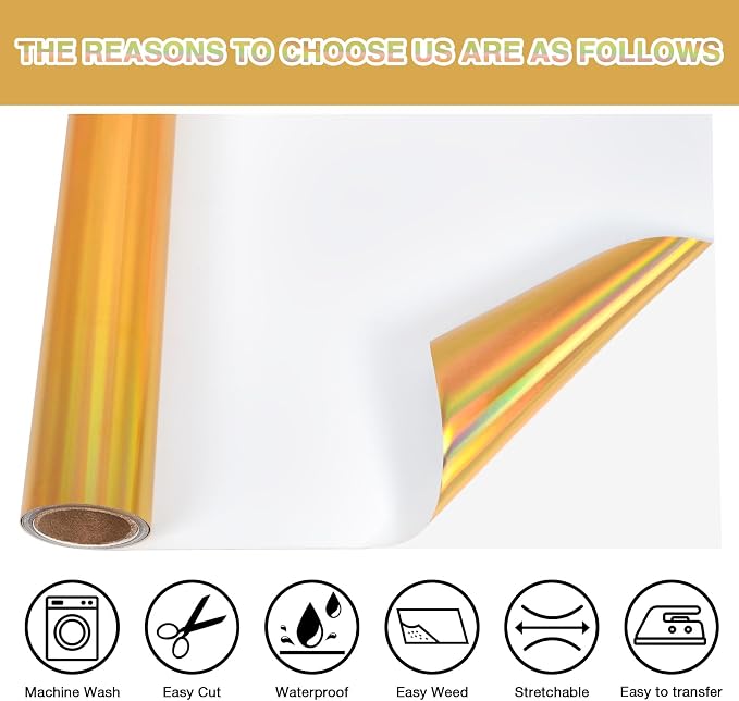 TORC Metallic HTV Heat Transfer Vinyl Roll 12" X 5FT Gold Holographic Iron on - Image 3