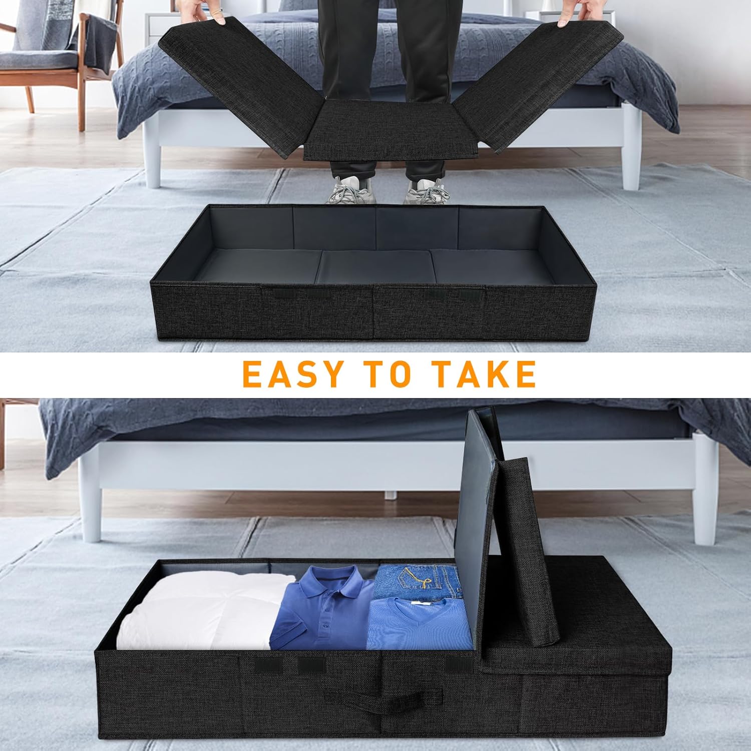 punemi Under Bed Storage Containers, Set of 2 Low Profile Under Crib Storage Bins With Lid, Large Sturdy Under Bed Clothes Drawer Organizers Box for Dorm Room Couch Closet Basement, Black