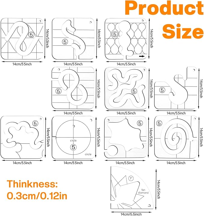 14 PCs Free Motion Quilting Template Set Includes 11 Quilting Templates 3mm - Image 2