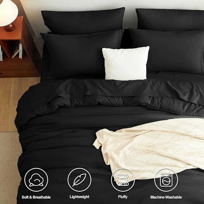 CozyLux King Comforter Set Black, 7 Pieces Bed in a Bag Soft Bedding Comforter - Image 2
