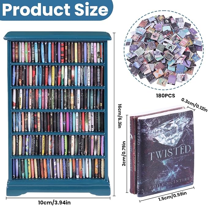 DIYDEC Mini Bookshelf with 180pcs Mini Books Miniature Blue Bookshelf Ornament - Image 2