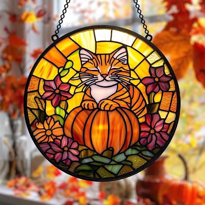Orange Cat on Pumpkin Acrylic Suncatcher by Unknown