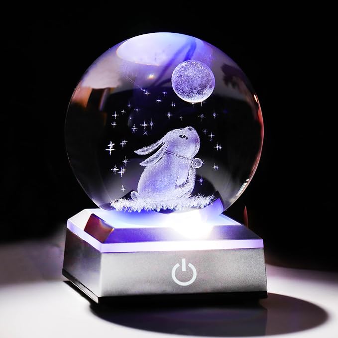 3.15in. Crystal Ball Engraved 3D Rabbit and Moon Stars Figurine Paperweght by Ornalrist