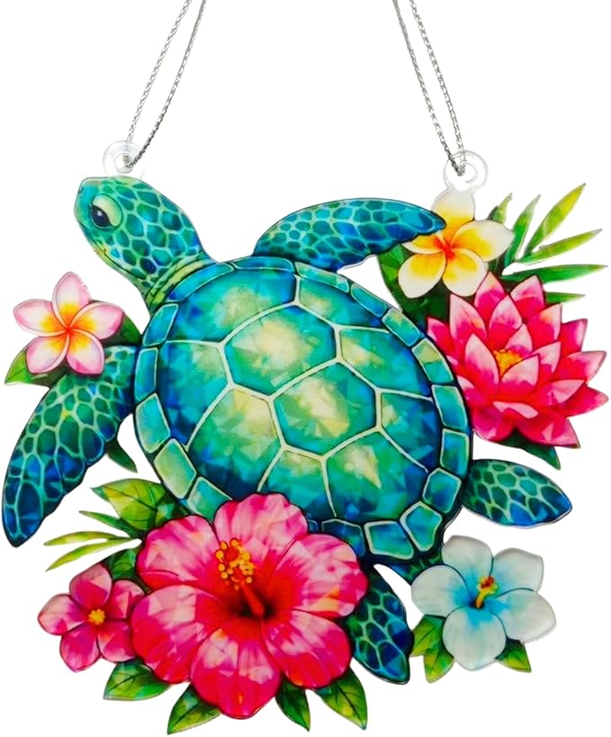 Sea Turtle Gifts for Women, Acrylic Faux Stained Glass Ornament, Floral Turtle by Comasol