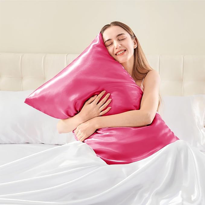 BEDELITE Satin Pillowcase with Zipper, Hot Pink King Size Pillow Cases Set of 2 - Image 2