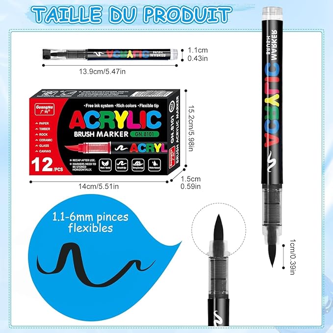 Surcotto 12 PCS Black Acrylic Paint Markers, Soft Brush Tip Acrylic Paint - Image 2