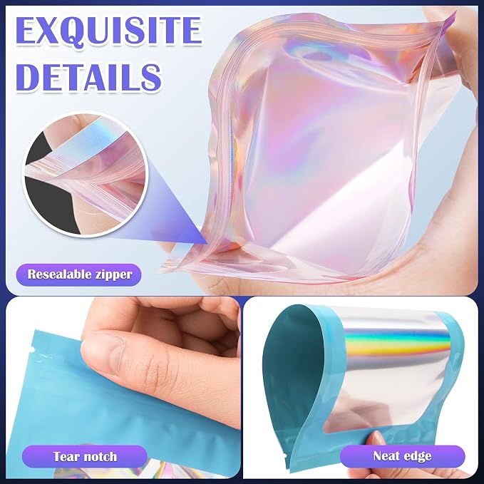 JETMORE 100 Pcs Mylar Bags, Smell Proof Bags Foil Pouch, Holographic Resealable - Image 5