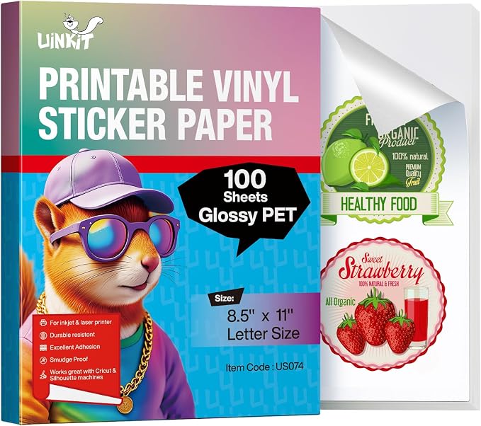 Uinkit Glossy PET Vinyl Sticker Paper Letter Size 8.5x11", Tear-Resistant & by UinkitHandicraftsandConservationSpecialist
