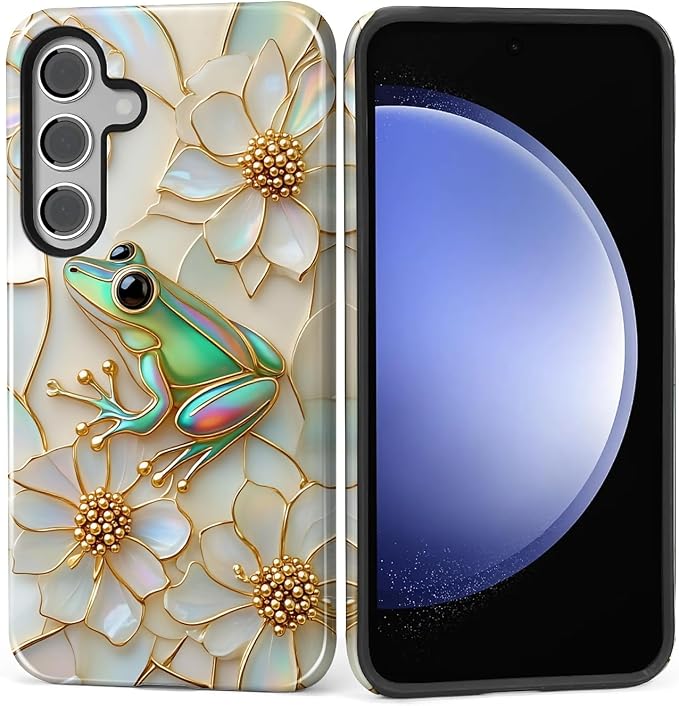 for Samsung Galaxy S24 FE Case, Stained Glass Frog Flowers Pattern Glossy 2 in by Teonvpu