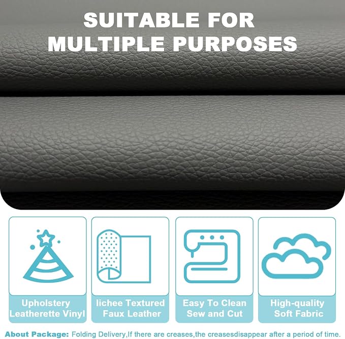 Grey Faux Leather Fabric 79"×55" Lychee Grain Upholstery Vinyl - Image 3