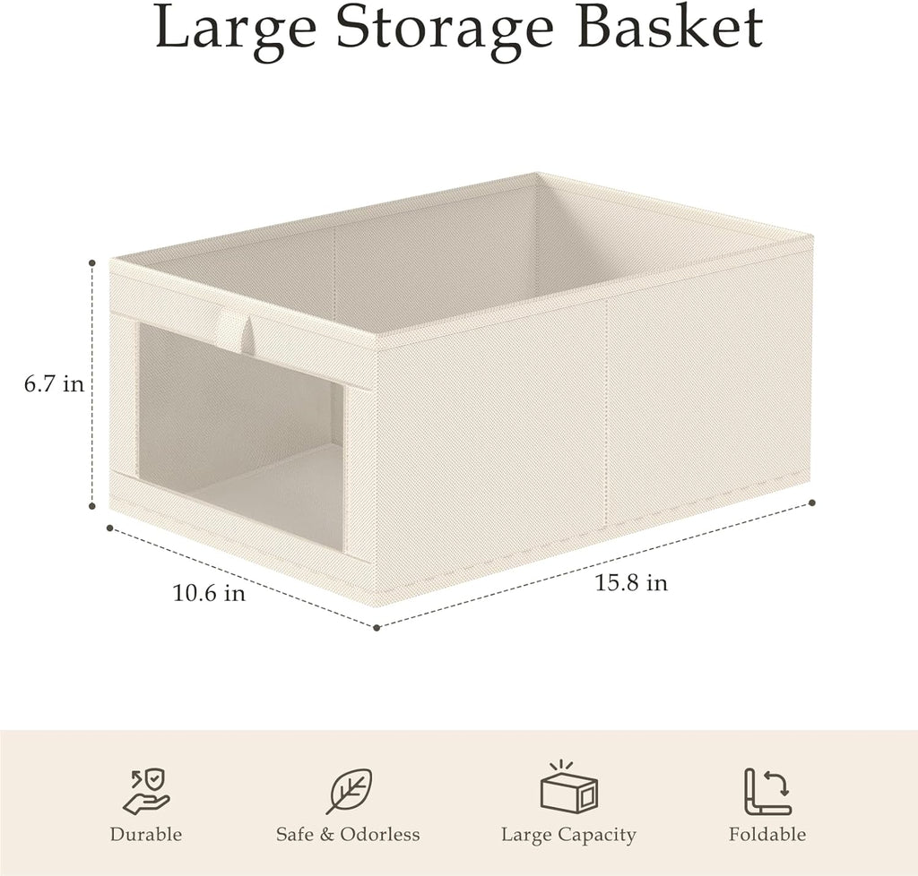 Criusia Linen Closet Organizers and Storage, 4 Pack Linen Closet Baskets with Mesh Window for Organization, Foldable Closet Organizer for Clothing, Towels, Toys, Nursery, Books, Shelves, Beige