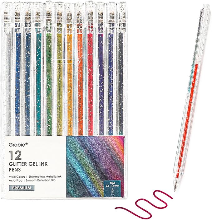 Grabie Capped Glitter Gel Pens, 12 Colors Metallic Sparkle Gel Ink Pens by Grabie