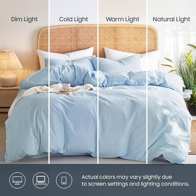 Wake In Cloud - Cotton Duvet Cover Set, Twin Size, Sky Blue, 100% Washed Cotton - Image 3