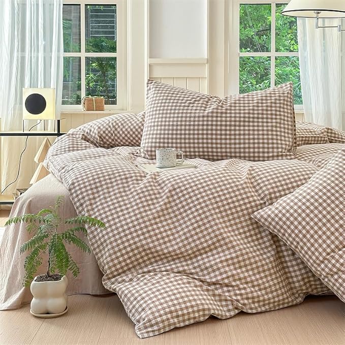 Nayoroom Brown Gingham Duvet Cover Twin Size Tan White Plaid Checkered Duvet - Image 4