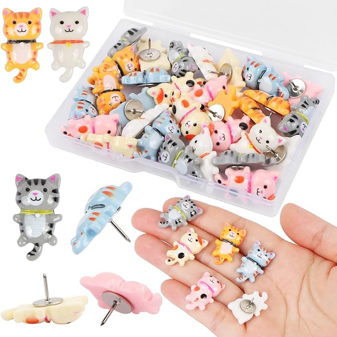 30 Pcs Cute Cat Push Pins, Resin Cat Push Pins Decorative Animal Thumb Tacks by MIKIMIQI