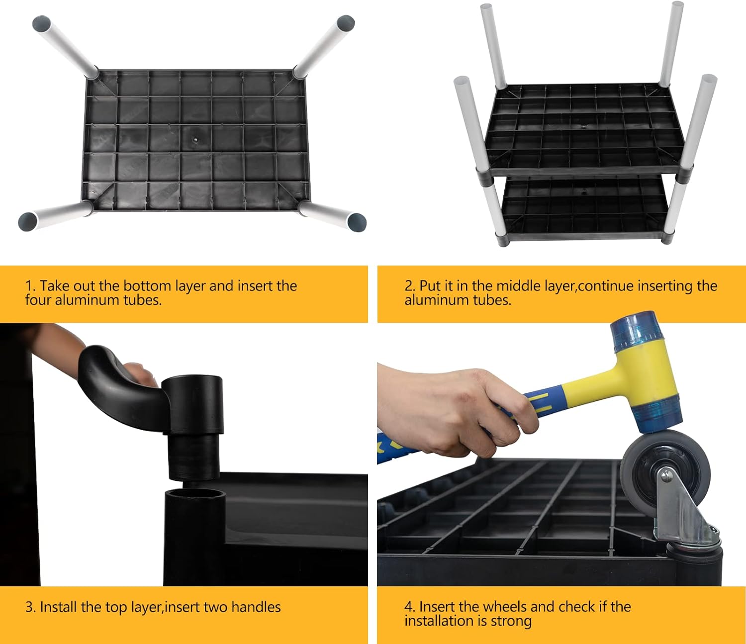 Plastic Utility Carts with Wheels, Heavy Duty 510lbs Capacity Rolling Service Cart, 3-Tier Restaurant Food Cart with Hammer for Office, Warehouse, Garage (Lockable Wheels, Black)