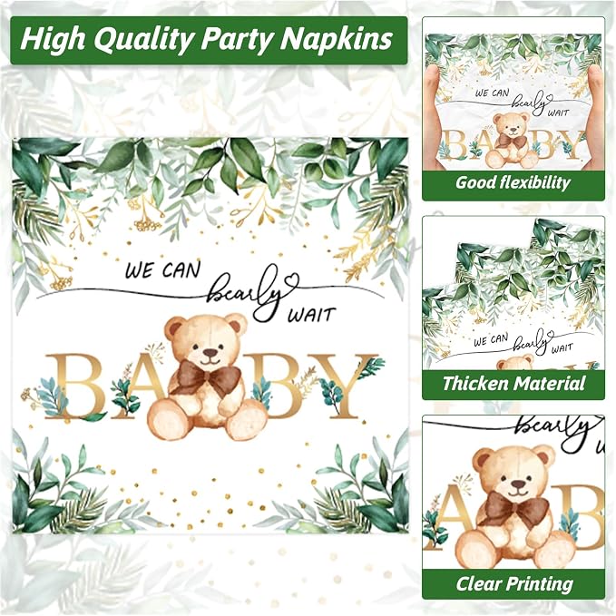 Naozinebi 200PCS Sage Green Bear Baby Shower Decoration Teddy Plates Napkins We - Image 4