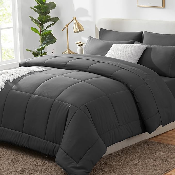 CozyLux Queen Comforter Set Dark Grey, 7 Pieces Bed in a Bag, Dark Gray by CozyLux
