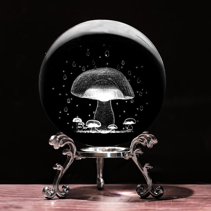 3D Mushroom Crystal Ball with Stand Lase Engraved Glass Sphere Paperweight by Unknown
