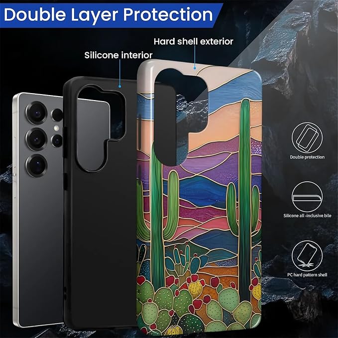 for Samsung Galaxy S25 Ultra Case, Stained Glass Cactus Pattern Glossy 2 in 1 - Image 3