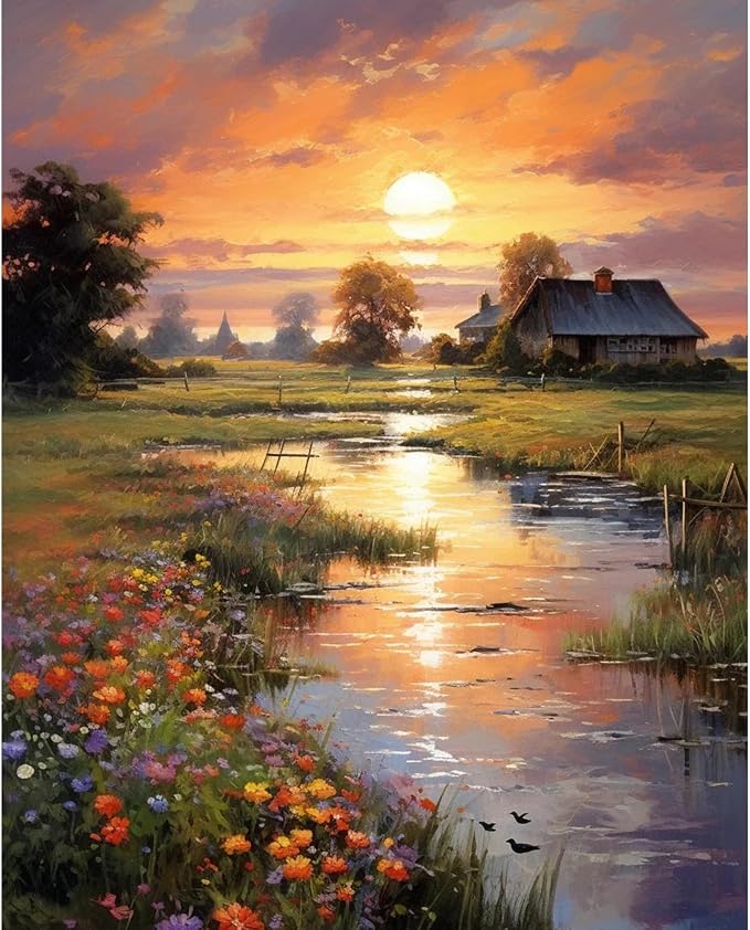 Fountor Paint by Numbers Kit for Adults Beginner, Countryside Sunset Adult by Fountor