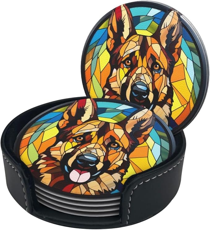 Drink Coaster Set of 6, German Shepherd Dog Mom Lover Gift, Leather Drink - Image 3