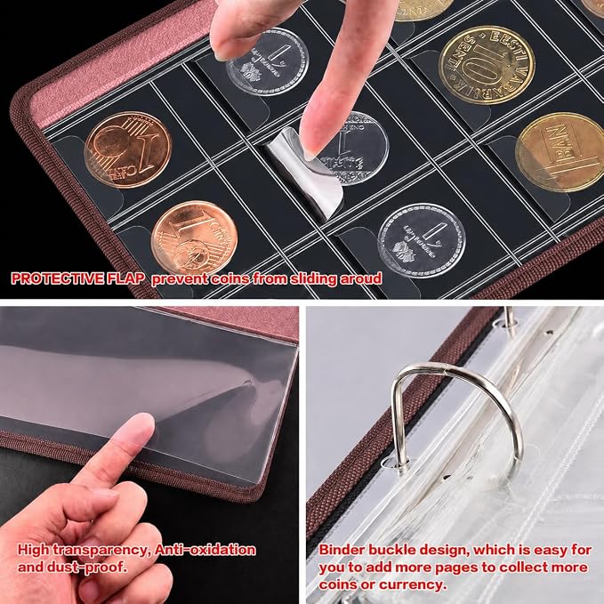 ANKHOH Zippered Coin Collection Book, 200 Pockets and 30 Bill Sleeves | PU - Image 6