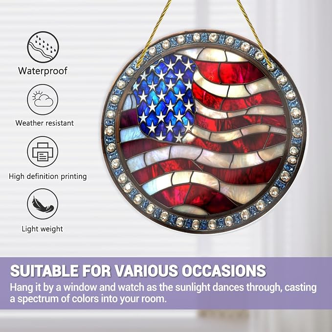 Stained Glass American Flag, Hand-Painted Star Motifs, Vintage Patriotic Wall - Image 4